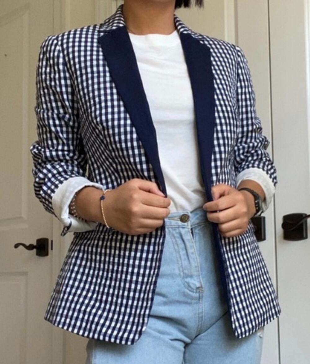 J.Crew Blazer Size 4 NWT Navy White Gingham Check Cotton Contrast Lapel Jacket